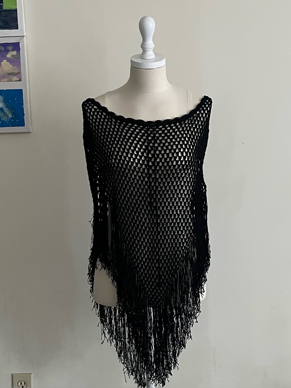 Black Crochet Fringe Poncho Top